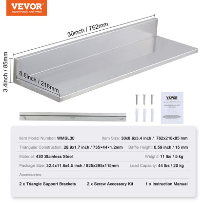 21.8 x 76.2 cm Stainless Steel Shelf, Wall Mounted Floating Shelving with Backsplash, 20 kg Load Capacity Commercial Shelves, Heavy Duty Storage Rack for Restaurant, Kitchen, Bar, Home, and Hotel