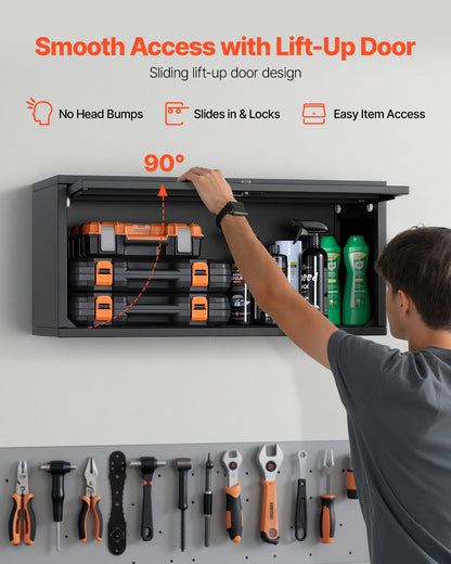 Metallväggskåp, 77B x 30,5D x 35,6H cm, Flytande garageverktygsskåp med uppfällbar dörr, 54,5 kg belastning per hyllplan, Lämplig för garage, källare, kök, lager, montering krävs