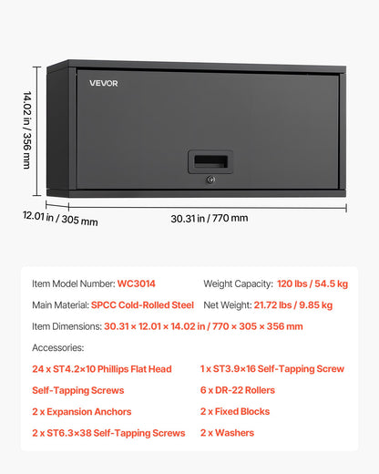 Metallväggskåp, 77B x 30,5D x 35,6H cm, Flytande garageverktygsskåp med uppfällbar dörr, 54,5 kg belastning per hyllplan, Lämplig för garage, källare, kök, lager, montering krävs