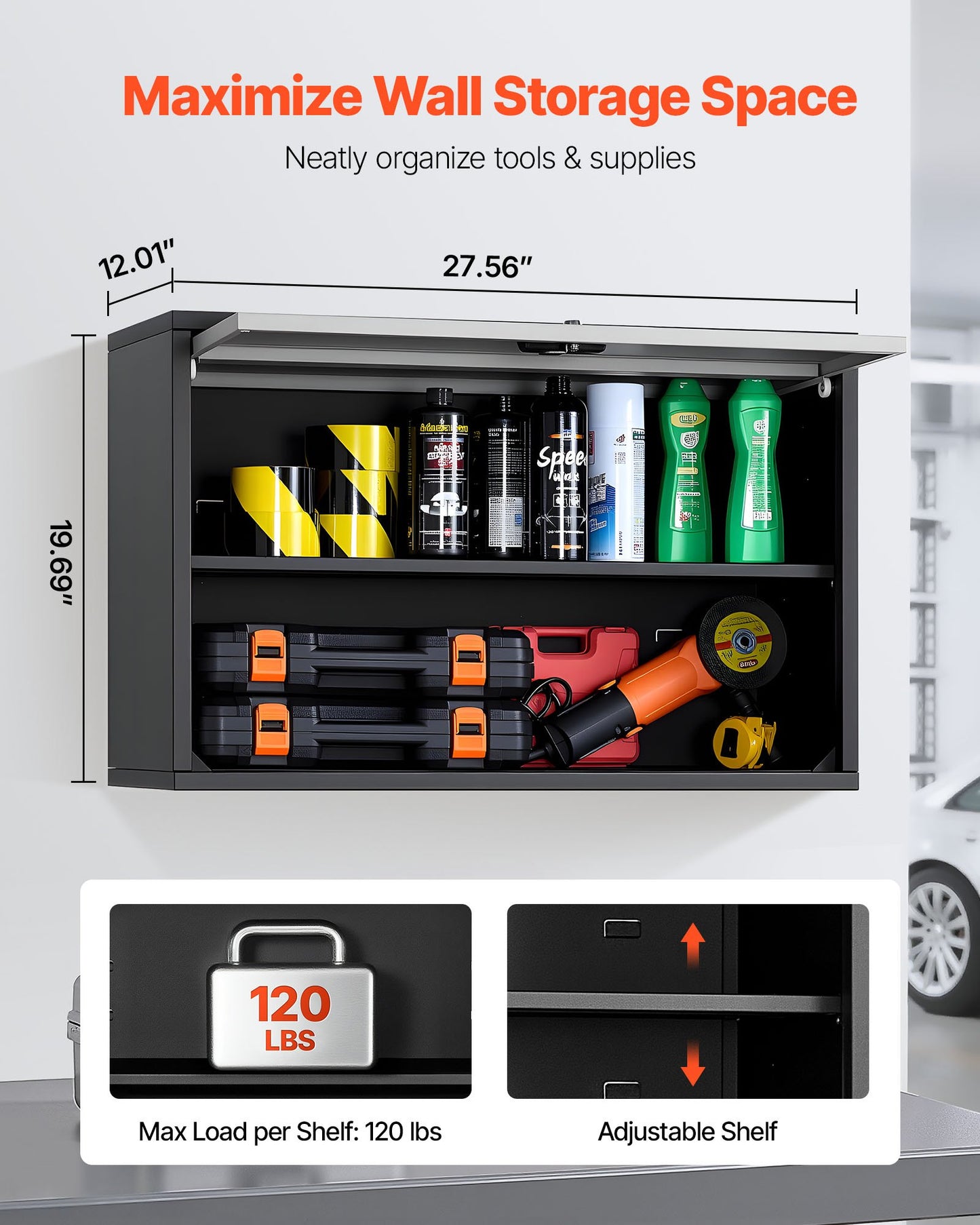 Metal Wall Cabinet, 77W x 30.5D x 50H cm, Floating Garage Tool Cabinet with Up-Flip Door and Shelf, 108.9 kg Load Capacity, Fit for Garage, Basement, Kitchen, Warehouse Assembly Required