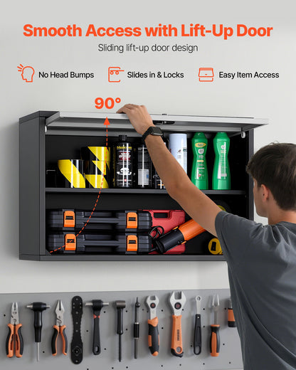 Metallväggskåp, 77B x 30,5D x 50H cm, Flytande garageverktygsskåp med uppfällbar dörr och hyllplan, 108,9 kg lastkapacitet, Lämplig för garage, källare, kök, lager. Montering krävs.
