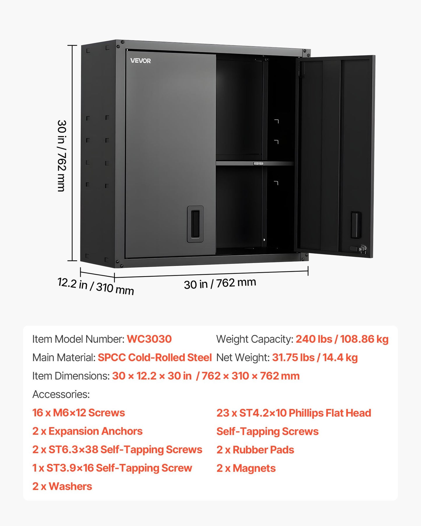 Väggskåp i metall, 76,2 B x 31 D x 76,2 H cm, hängande förvaringsskåp i stål med låsbara dörrar och justerbar hylla för garage, källare, kök, montering krävs i lager, svart