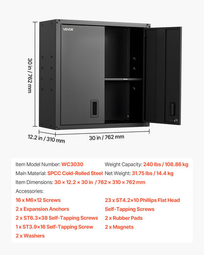 Väggskåp i metall, 76,2 B x 31 D x 76,2 H cm, hängande förvaringsskåp i stål med låsbara dörrar och justerbar hylla för garage, källare, kök, montering krävs i lager, svart