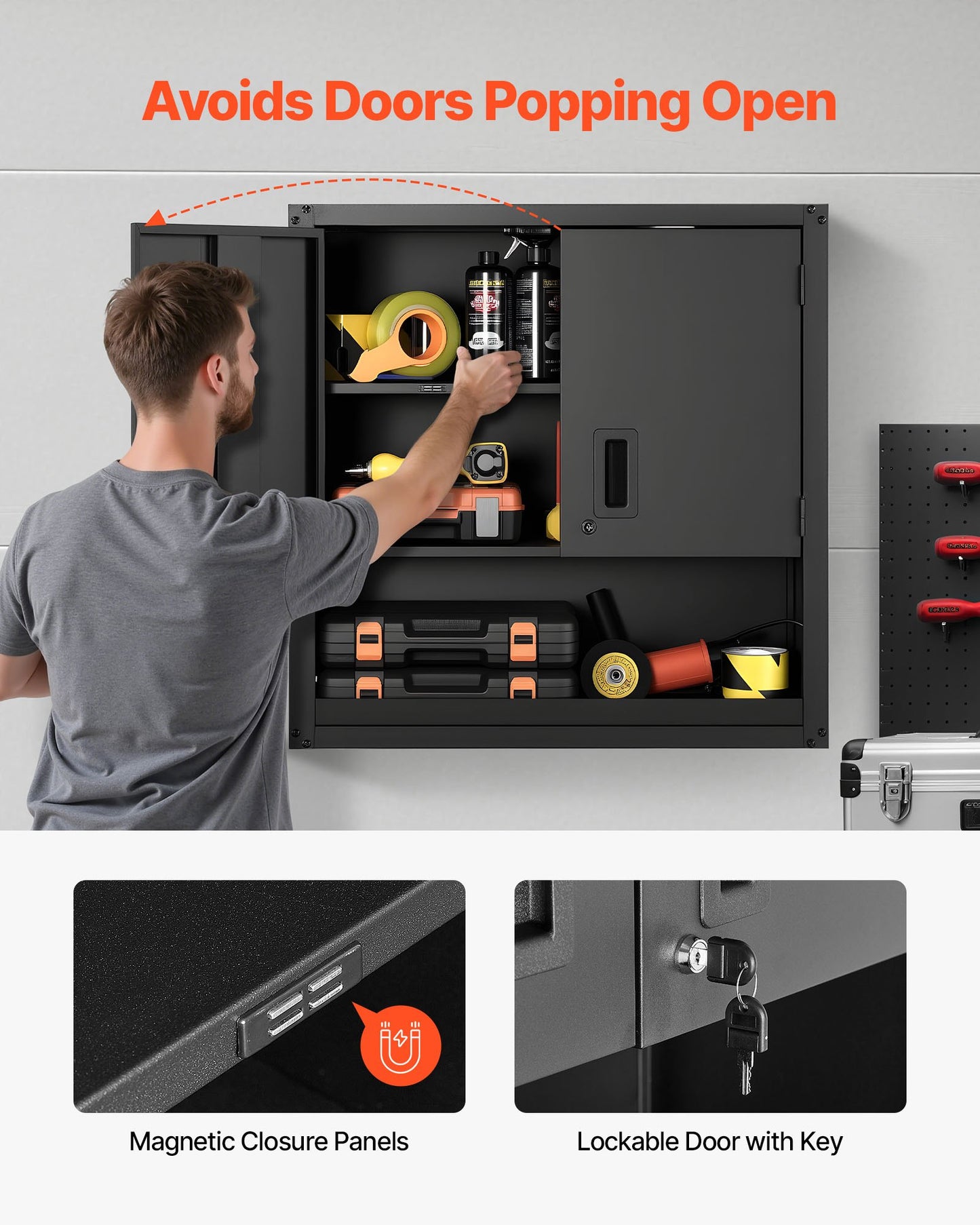 Metal Wall Cabinet, 76.2W x 30.5D x 76.2H Inch, Steel Floating Hanging Storage Cabinet with Locking Doors and Adjustable Shelf for Garage, Basement, Kitchen, Warehouse Assembly Required, Black