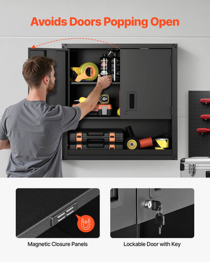 Metal Wall Cabinet, 76.2W x 30.5D x 76.2H Inch, Steel Floating Hanging Storage Cabinet with Locking Doors and Adjustable Shelf for Garage, Basement, Kitchen, Warehouse Assembly Required, Black