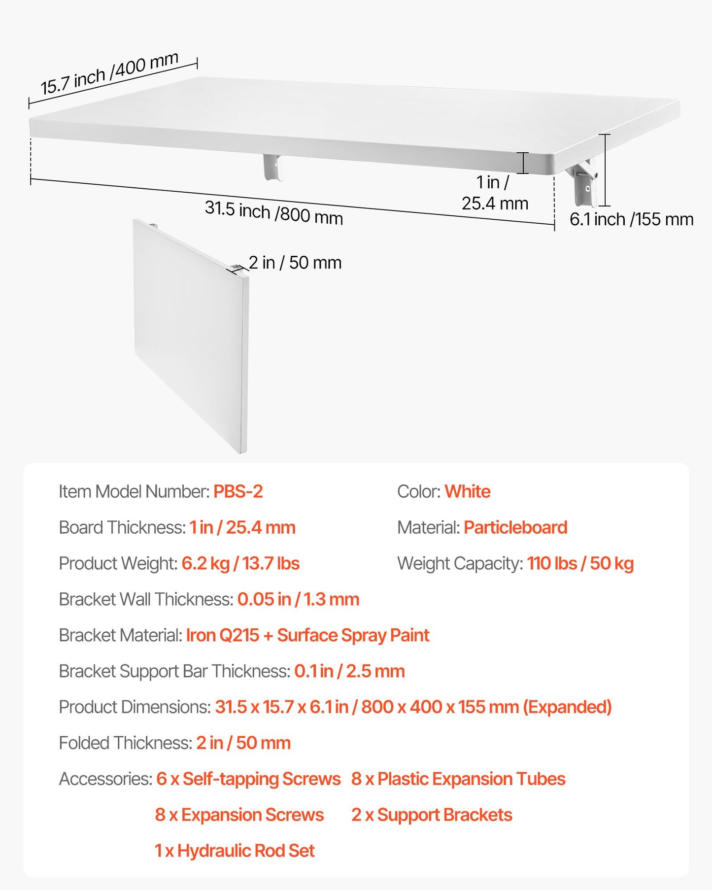 Wall Mounted Folding Table, 31.5 x 15.7 inches Wall Mount Table, Floating Desk with Iron Bracket, Fold Down Desk for Small Spaces, Home Office, Dining, Laundry Room, Kitchen, Bar, White