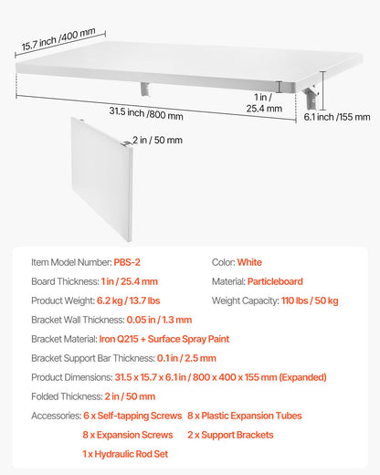 Wall Mounted Folding Table, 31.5 x 15.7 inches Wall Mount Table, Floating Desk with Iron Bracket, Fold Down Desk for Small Spaces, Home Office, Dining, Laundry Room, Kitchen, Bar, White