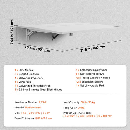Wall Mounted Folding Table, 31.5" x 19.69" Wall Mount Drop Leaf Table, Floating Desk with Iron Bracket, Fold Down Desk for Small Spaces, Home Office, Dining, Laundry Room, Kitchen, Bar, White