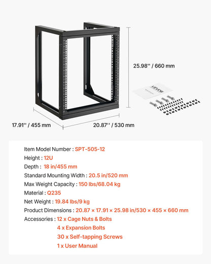 12U Wall Mount Server Rack, 68.04 kg Max Load Capacity, Open Frame Network Rack with 180 Degrees Gate Swing Door, Carbon Steel, Ideal for IT Network Equipment & AV Devices Computer Server, Black