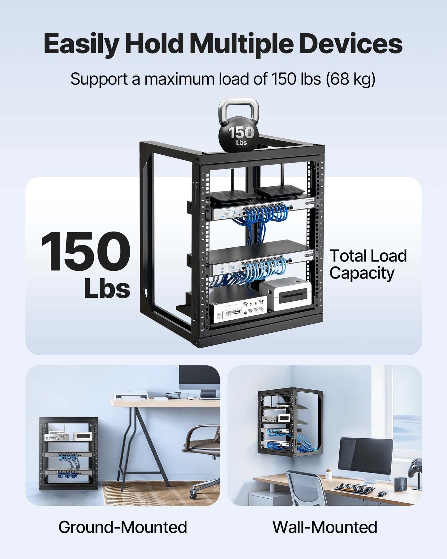 12U väggmonterat serverrack, 68,04 kg maxlastkapacitet, nätverksrack med öppen ram och 180 graders svängdörr, kolstål, perfekt för IT-nätverksutrustning och AV-enheter, datorserver, svart