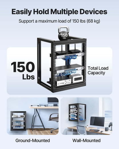 12U väggmonterat serverrack, 68,04 kg maxlastkapacitet, nätverksrack med öppen ram och 180 graders svängdörr, kolstål, perfekt för IT-nätverksutrustning och AV-enheter, datorserver, svart