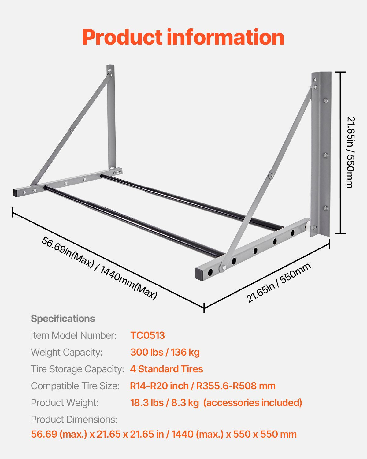 Väggmonterat hopfällbart däckställ, 32" - 48" justerbart däckställ, Q235 kraftigt ståldäckställ för R14-R20 tums standarddäck, max 300lbs lastkapacitet för garage, verkstad och reparationsverkstad
