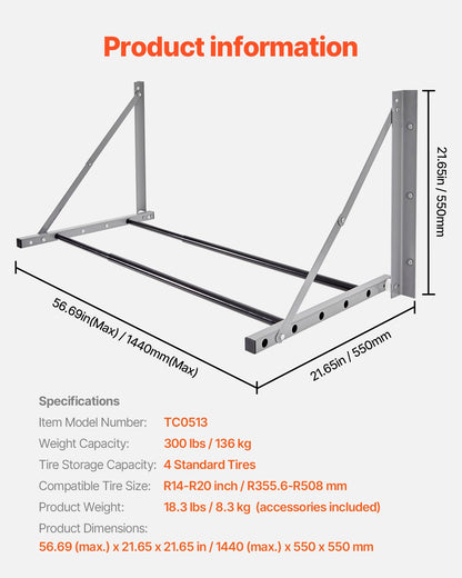 Väggmonterat hopfällbart däckställ, 32" - 48" justerbart däckställ, Q235 kraftigt ståldäckställ för R14-R20 tums standarddäck, max 300lbs lastkapacitet för garage, verkstad och reparationsverkstad