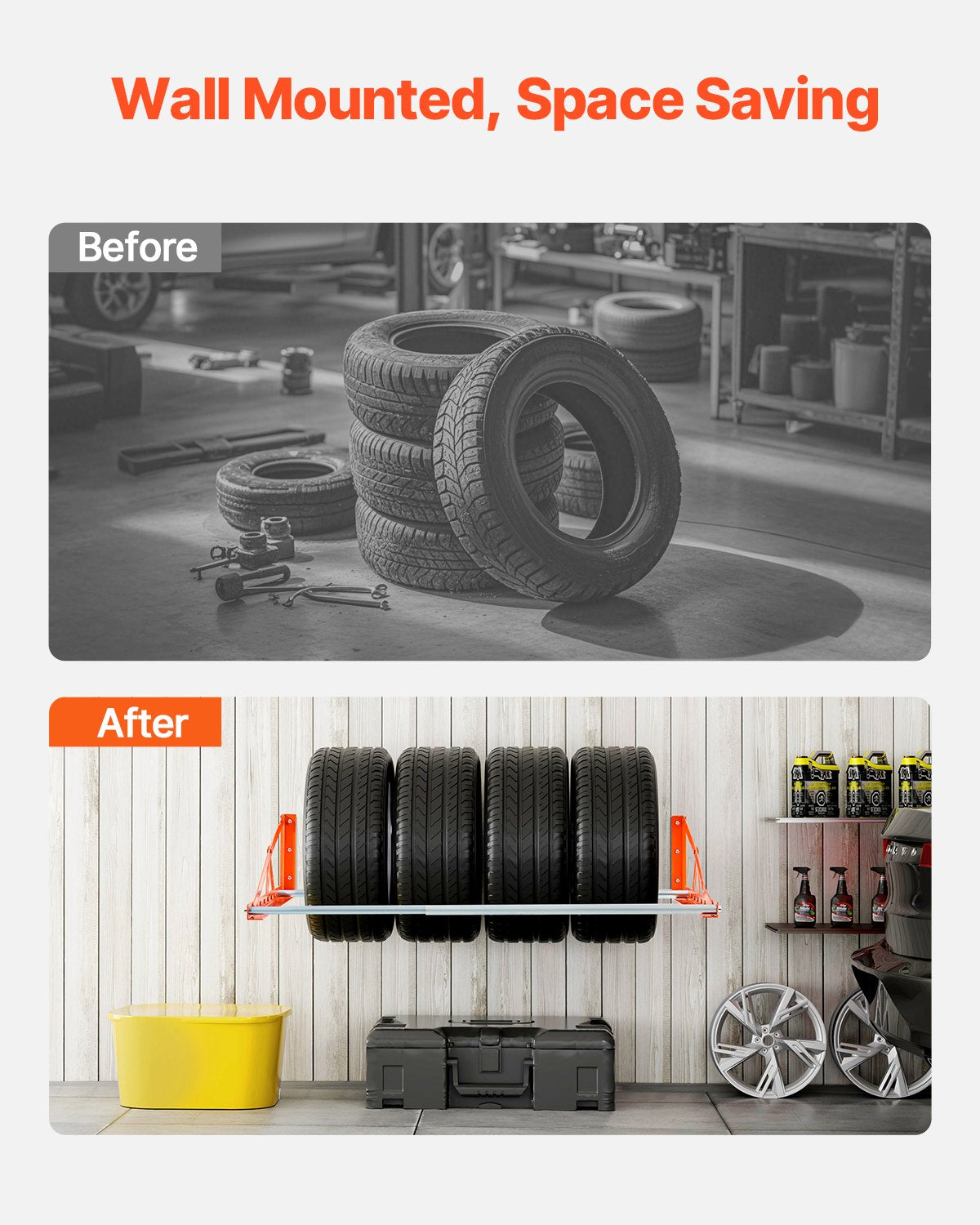 Väggmonterat däckställ, justerbart däckställ 31" - 56", kraftigt däckställ i stål Q235 för standarddäck R14-R20 tum, max 400lbs lastkapacitet, perfekt för garage, verkstad och reparationsverkstad