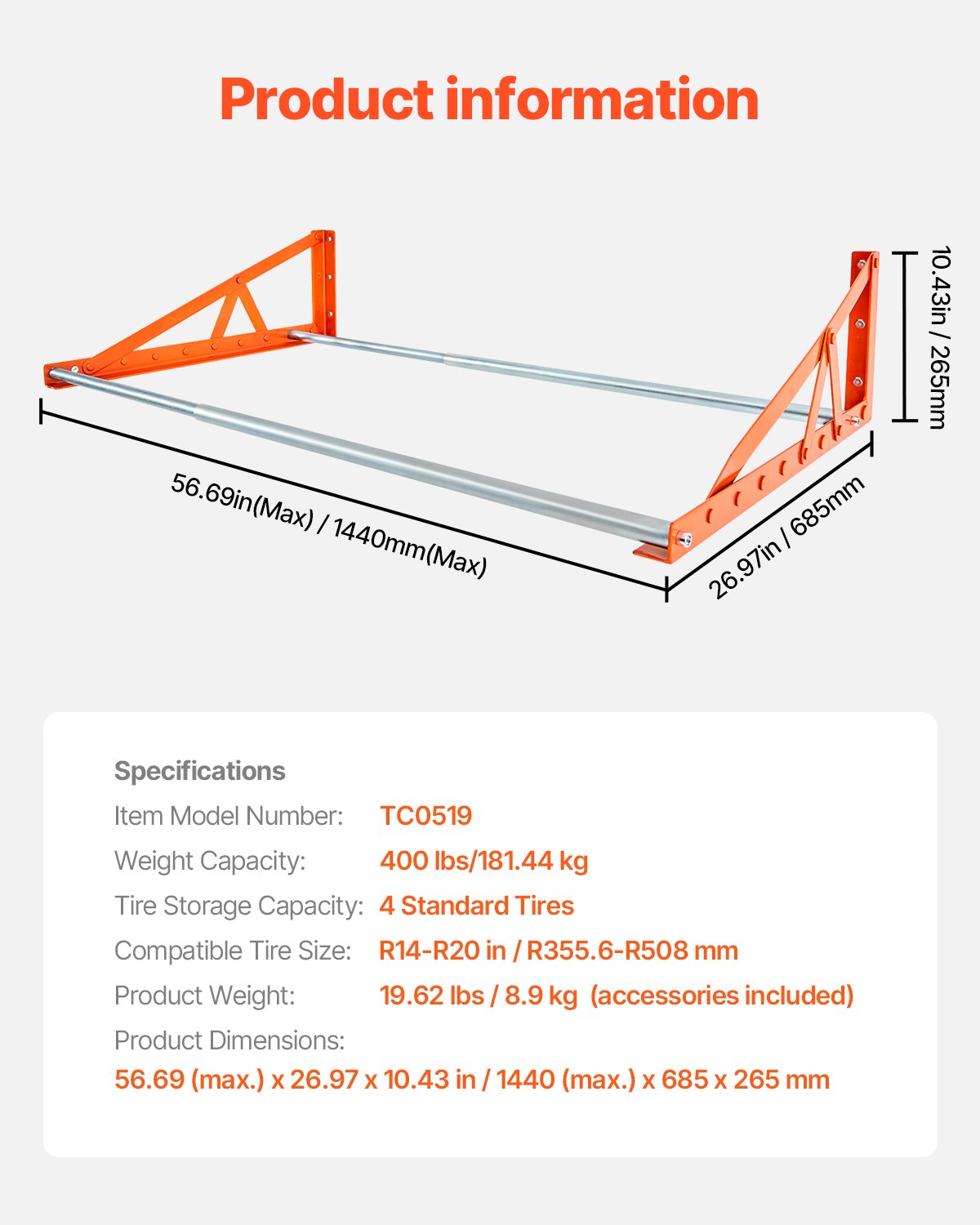 Väggmonterat däckställ, justerbart däckställ 31" - 56", kraftigt däckställ i stål Q235 för standarddäck R14-R20 tum, max 400lbs lastkapacitet, perfekt för garage, verkstad och reparationsverkstad