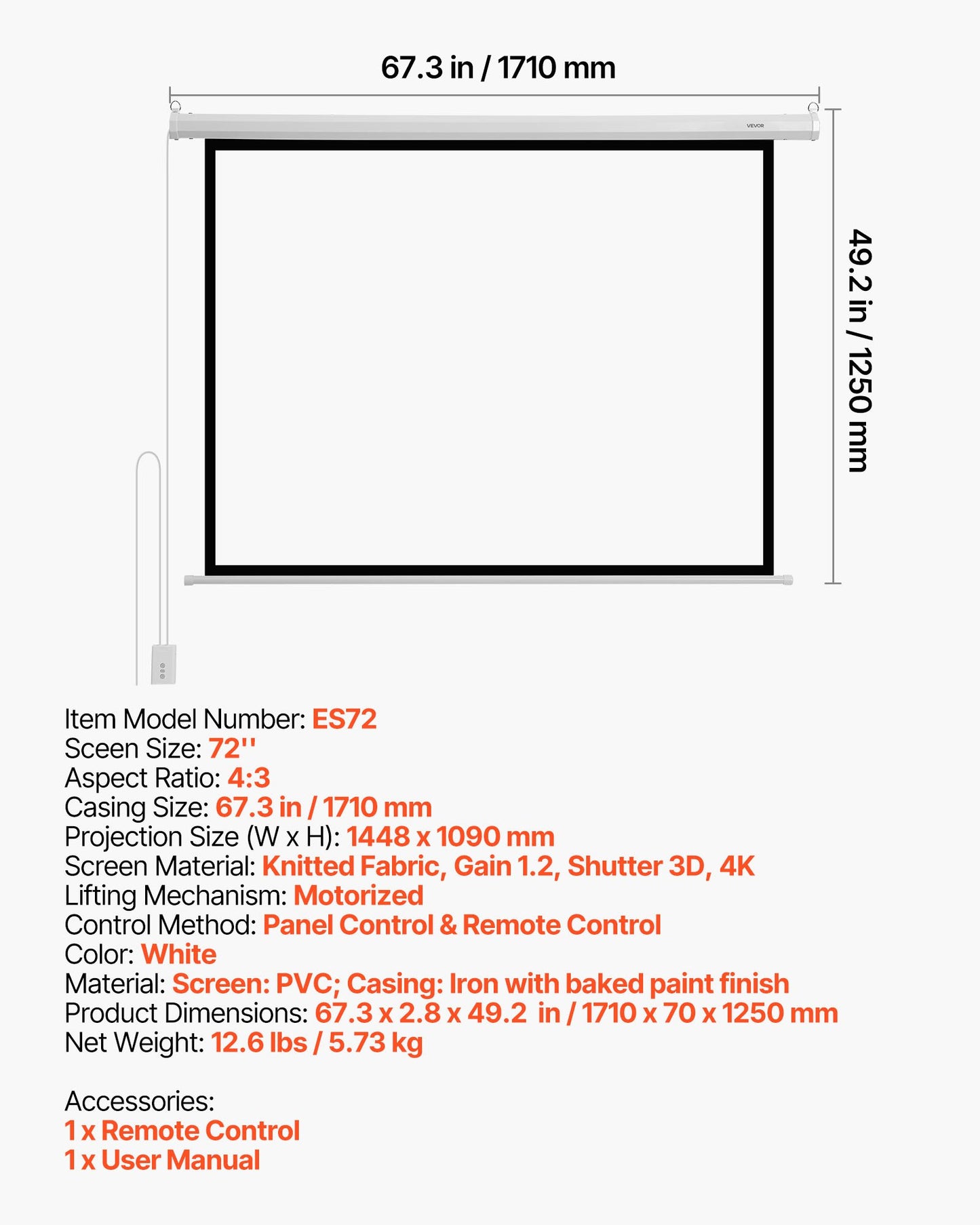 Motoriserad projektorduk, 1829 mm 4:3 1080 HD elektrisk projektorduk, väggmonterad projektorduk med fjärrkontroll, automatisk filmduk för hemmabio på familjekontor