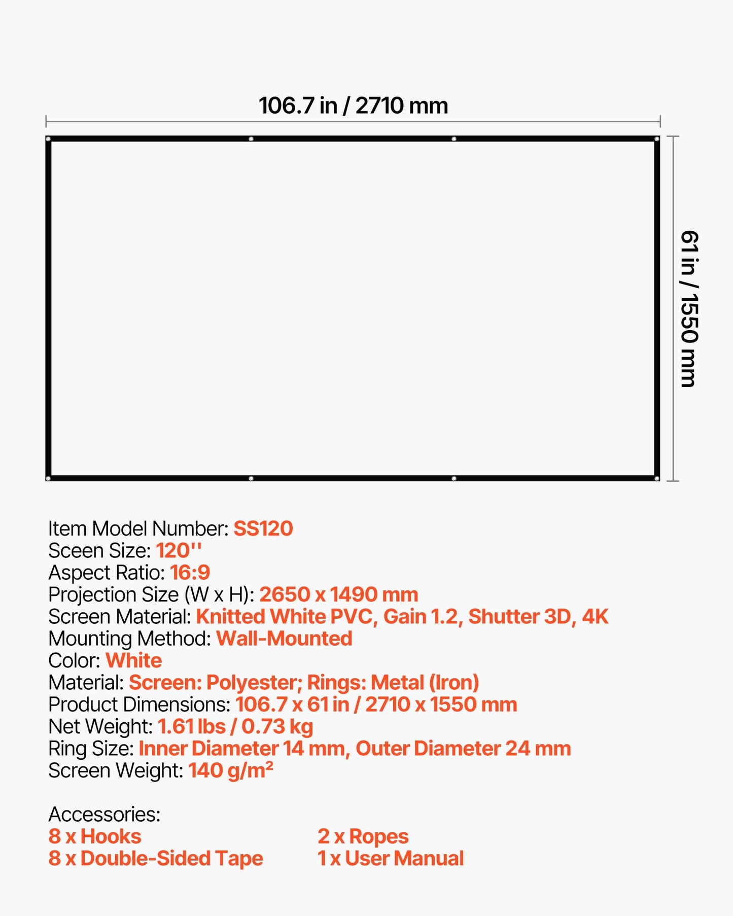 Projektorduk, 3048 mm 16:9 4K 1080 HD projektionsduk, väggmonterad projektionsskärm med 8 krokar och dubbelhäftande tejp, bärbar filmduk för familjens hemmakontorsbio