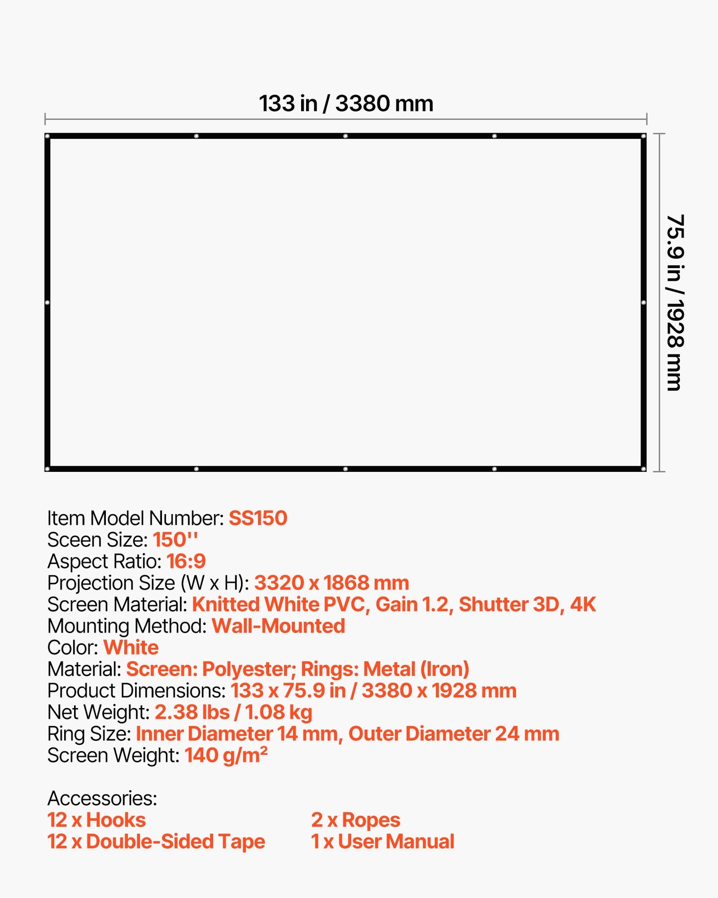Projektorduk, 3810 mm 16:9 4K 1080 HD projektionsduk, väggmonterad projektionsskärm med 12 krokar och dubbelhäftande tejp, bärbar filmduk för hemmabio på familjen/kontoret
