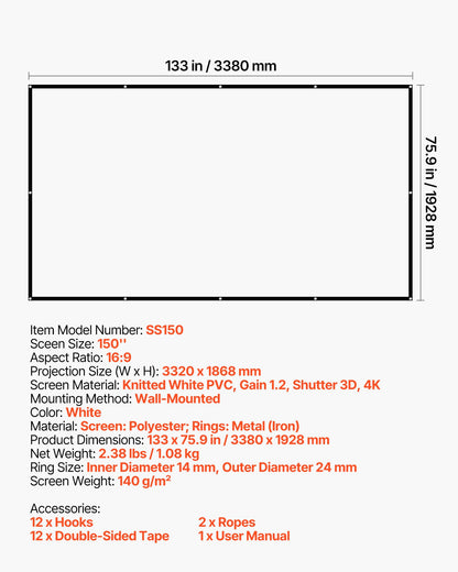 Projektorduk, 3810 mm 16:9 4K 1080 HD projektionsduk, väggmonterad projektionsskärm med 12 krokar och dubbelhäftande tejp, bärbar filmduk för hemmabio på familjen/kontoret