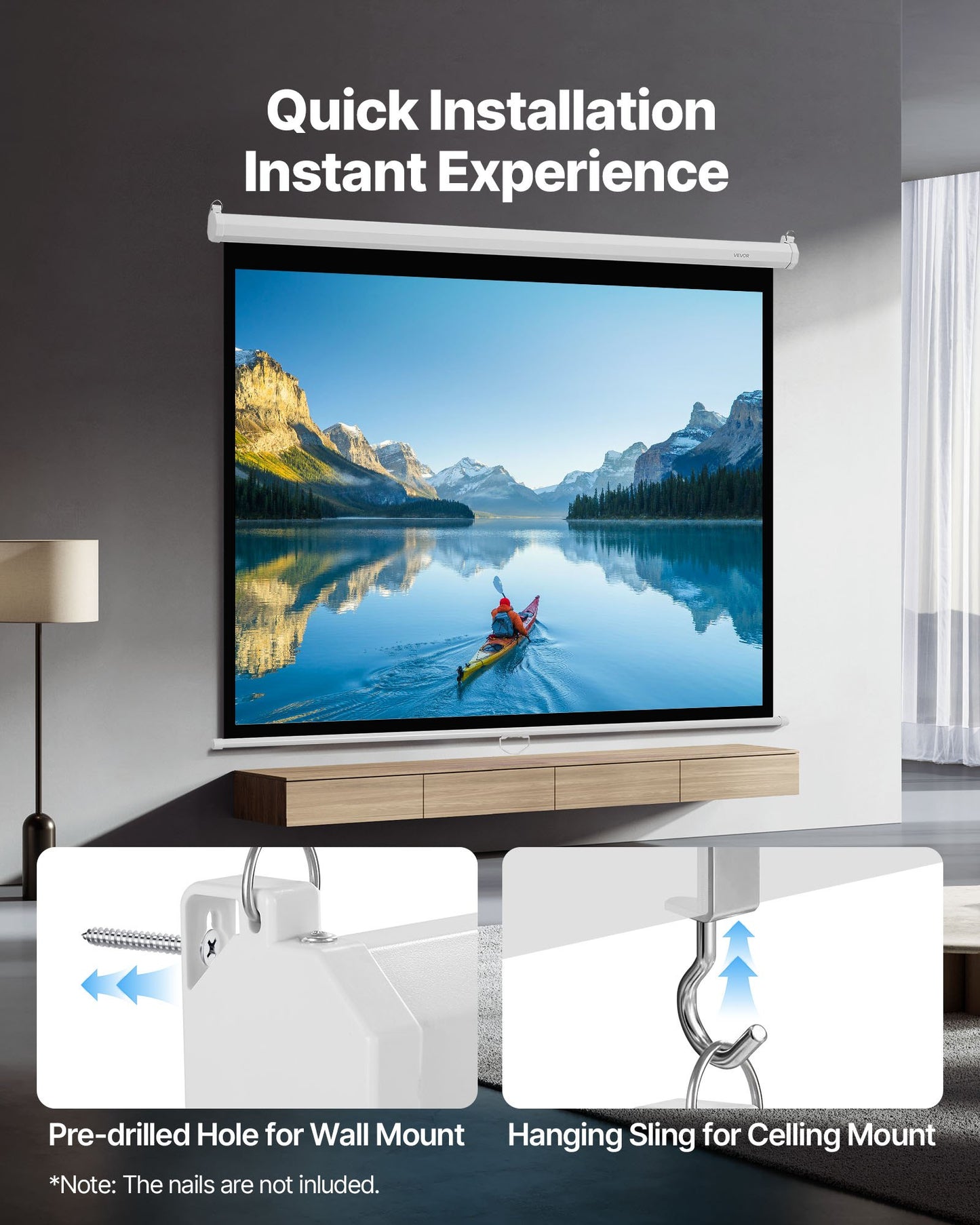 Manuell projektorduk, 1829 mm 4:3 4K 1080 HD infällbar neddragbar projektorduk, väggmonterad filmprojektion med dragrep, bärbar projektorduk för hemmabio på familjekontor