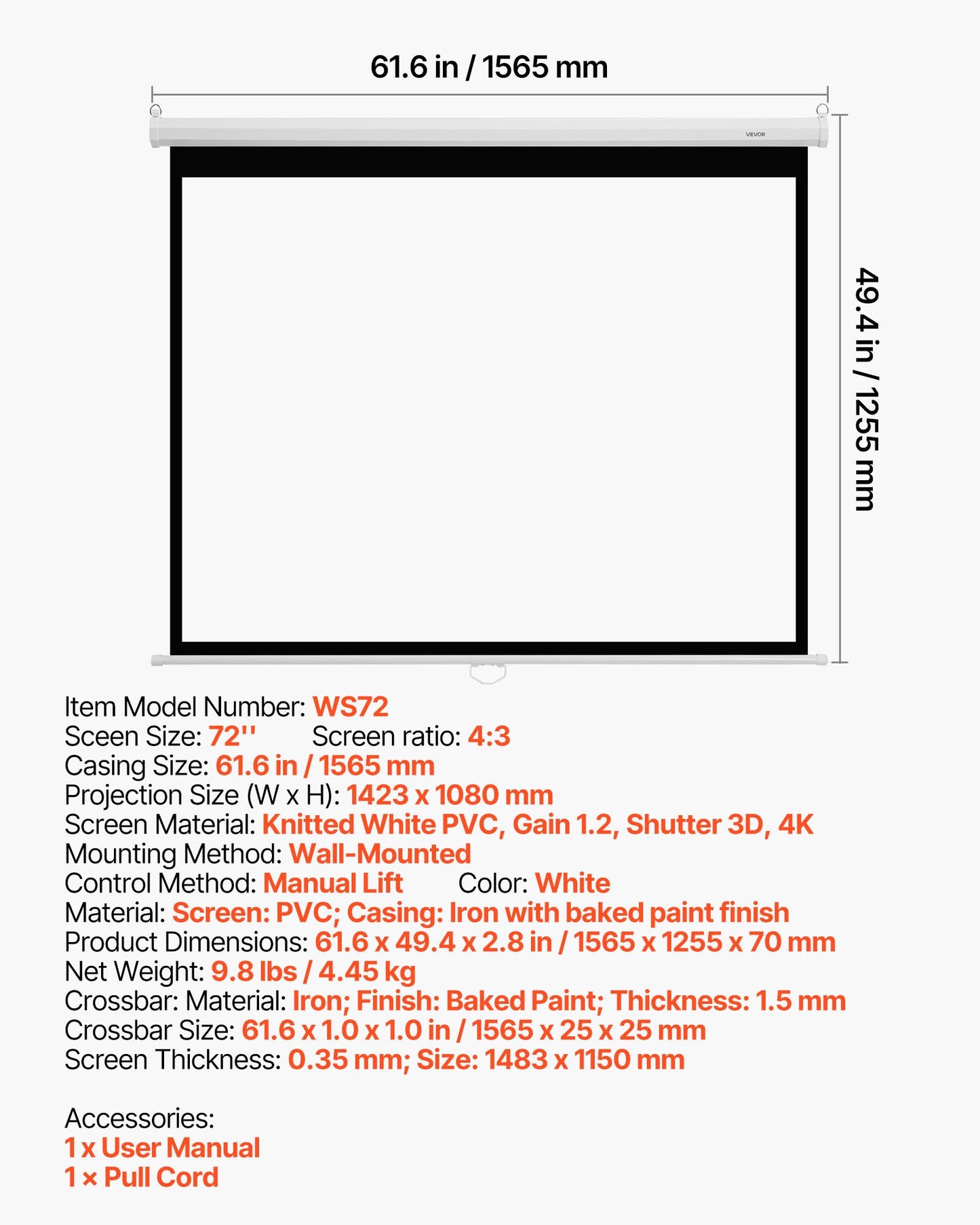 Manuell projektorduk, 1829 mm 4:3 4K 1080 HD infällbar neddragbar projektorduk, väggmonterad filmprojektion med dragrep, bärbar projektorduk för hemmabio på familjekontor