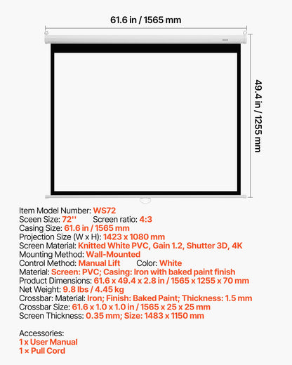 Manuell projektorduk, 1829 mm 4:3 4K 1080 HD infällbar neddragbar projektorduk, väggmonterad filmprojektion med dragrep, bärbar projektorduk för hemmabio på familjekontor