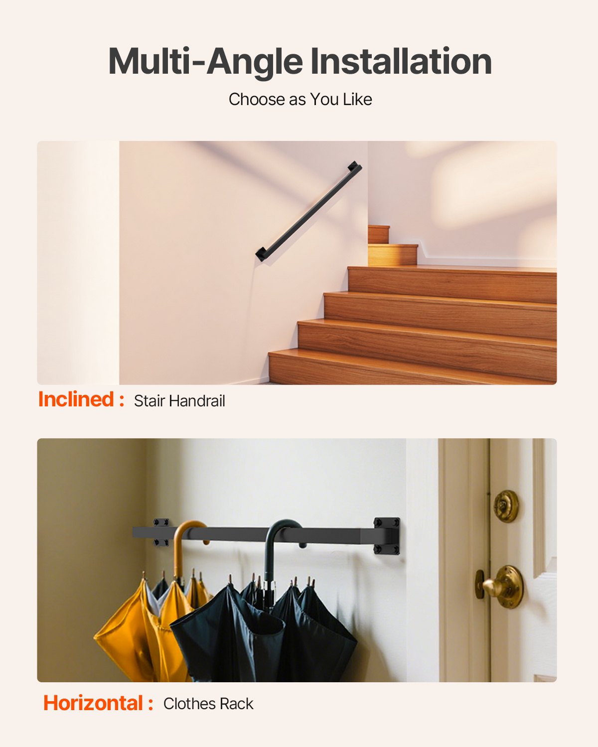 Väggmonterat trappräcke, 1215 mm svart järnräcke för inomhusbruk, 113 kg lastkapacitet, industriellt räcke för trappor, fyrkantigt rör för loft/veranda, 2 sektioner