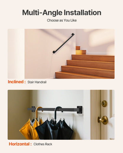 Väggmonterat trappräcke, 1215 mm svart järnräcke för inomhusbruk, 113 kg lastkapacitet, industriellt räcke för trappor, fyrkantigt rör för loft/veranda, 2 sektioner