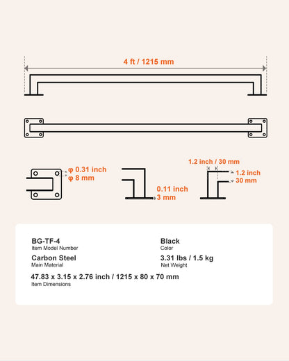 Väggmonterat trappräcke, 1215 mm svart järnräcke för inomhusbruk, 113 kg lastkapacitet, industriellt räcke för trappor, fyrkantigt rör för loft/veranda, 2 sektioner