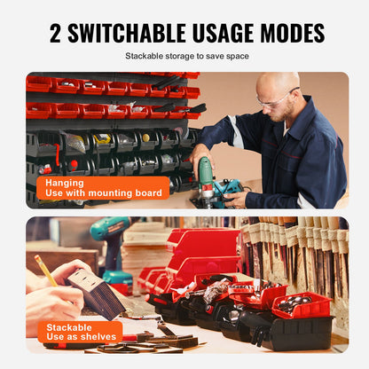 Väggmonterade förvaringslådor, 48-lådor reservdelsställ för garage, plast, verkstadsverktyg med väggpaneler, verktygsorganisatör för muttrar, bultar, skruvar, spikar, pärlor, knappar, andra smådelar, svart och röd