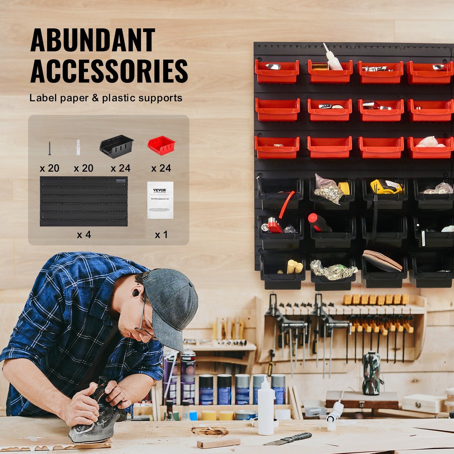 Väggmonterade förvaringslådor, 48-lådor reservdelsställ för garage, plast, verkstadsverktyg med väggpaneler, verktygsorganisatör för muttrar, bultar, skruvar, spikar, pärlor, knappar, andra smådelar, svart och röd