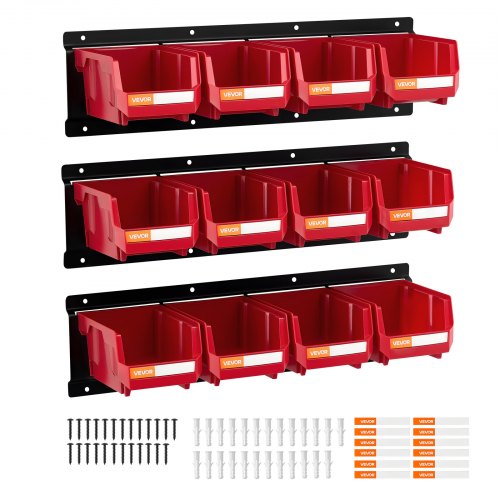 Wall Mounted Storage Bins, 12 Plastic Bins & 3 Metal Rails, Plastic Hanging Stackable Storage Bin for Screws, Nuts, Bolts, Nails, Hardware Tool Organizer for Workshop, Craft Room, Garage, Red