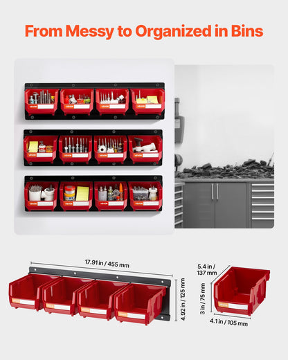 Väggmonterade förvaringsbehållare, 12 plastbehållare och 3 metallskenor, stapelbar förvaringsbehållare i plast för skruvar, muttrar, bultar och spikar, verktygsorganisatör för verkstad, hobbyrum, garage, röd