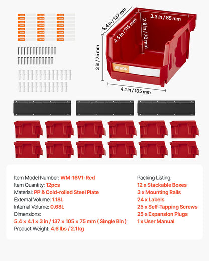 Väggmonterade förvaringsbehållare, 12 plastbehållare och 3 metallskenor, stapelbar förvaringsbehållare i plast för skruvar, muttrar, bultar och spikar, verktygsorganisatör för verkstad, hobbyrum, garage, röd