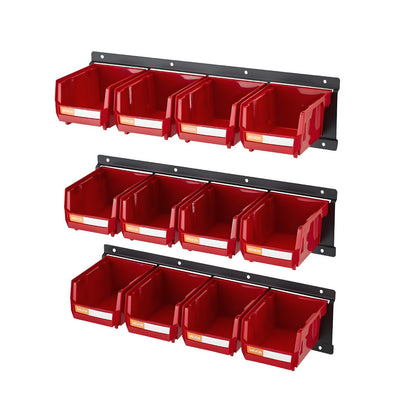 Väggmonterade förvaringsbehållare, 12 plastbehållare och 3 metallskenor, stapelbar förvaringsbehållare i plast för skruvar, muttrar, bultar och spikar, verktygsorganisatör för verkstad, hobbyrum, garage, röd