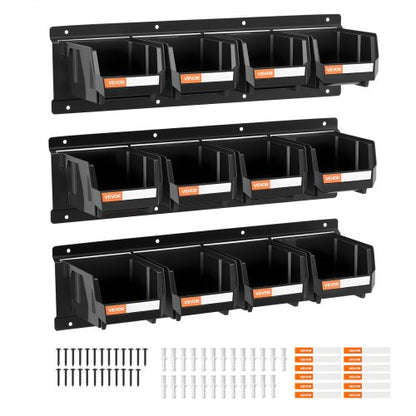 Wall Mounted Storage Bins, 12 Plastic Bins & 3 Metal Rails, Plastic Hanging Stackable Storage Bin for Screws, Nuts, Bolts, Nails, Hardware Tool Organizer for Workshop, Craft Room, Garage, Black