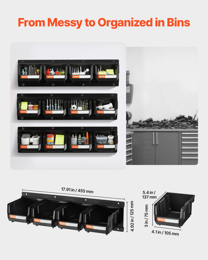 Wall Mounted Storage Bins, 12 Plastic Bins & 3 Metal Rails, Plastic Hanging Stackable Storage Bin for Screws, Nuts, Bolts, Nails, Hardware Tool Organizer for Workshop, Craft Room, Garage, Black