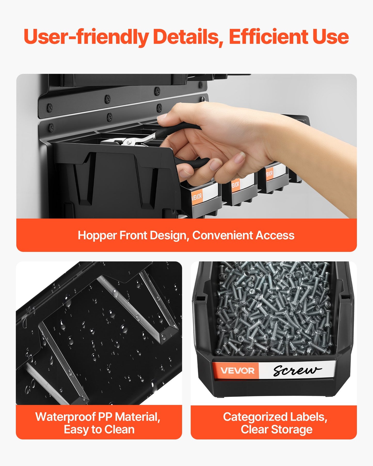 Wall Mounted Storage Bins, 12 Plastic Bins & 3 Metal Rails, Plastic Hanging Stackable Storage Bin for Screws, Nuts, Bolts, Nails, Hardware Tool Organizer for Workshop, Craft Room, Garage, Black