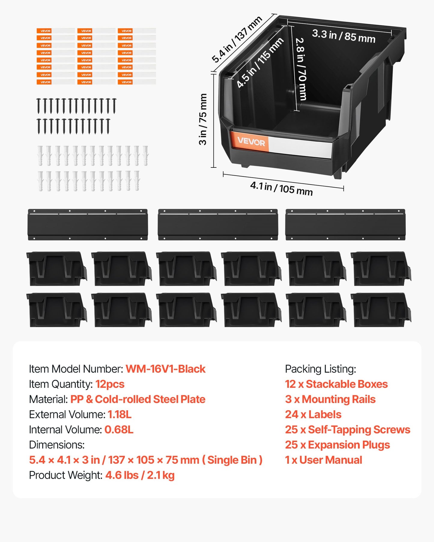 Wall Mounted Storage Bins, 12 Plastic Bins & 3 Metal Rails, Plastic Hanging Stackable Storage Bin for Screws, Nuts, Bolts, Nails, Hardware Tool Organizer for Workshop, Craft Room, Garage, Black