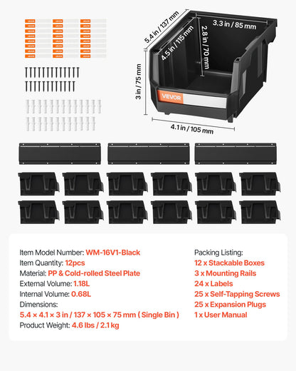 Wall Mounted Storage Bins, 12 Plastic Bins & 3 Metal Rails, Plastic Hanging Stackable Storage Bin for Screws, Nuts, Bolts, Nails, Hardware Tool Organizer for Workshop, Craft Room, Garage, Black