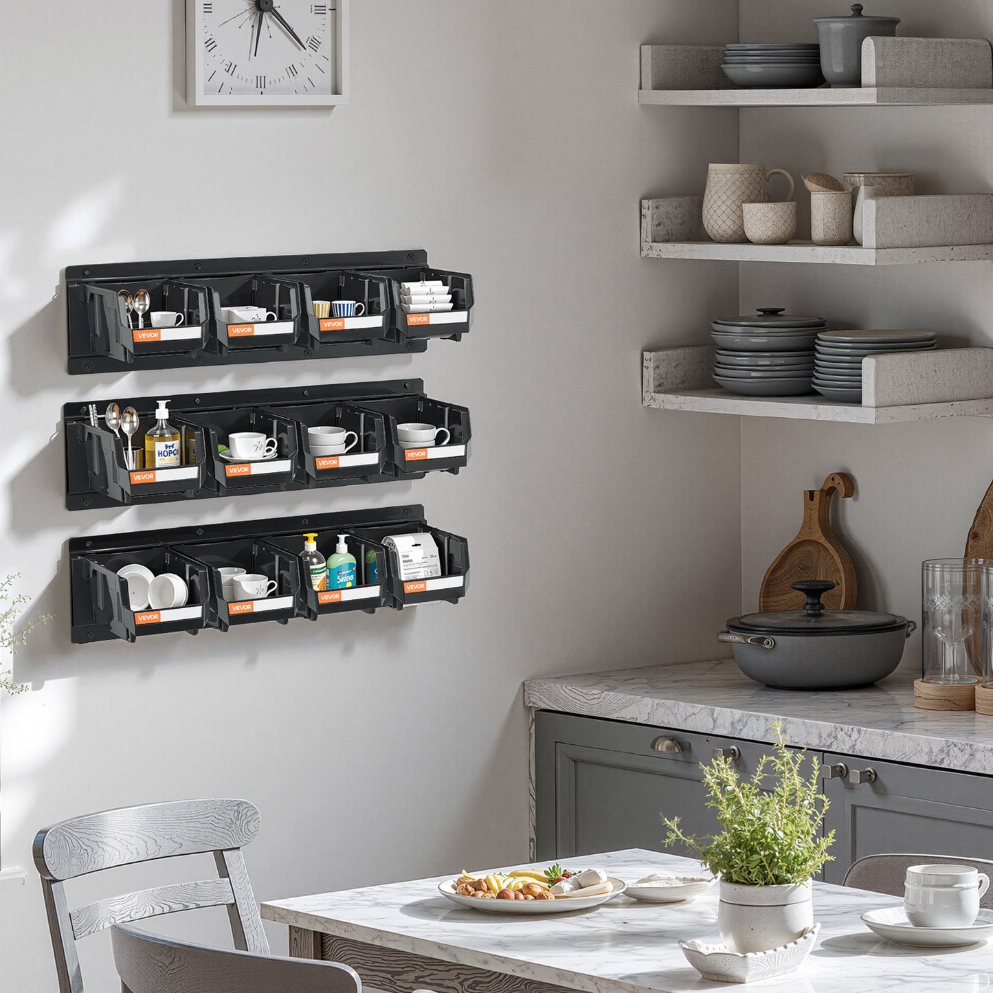 Wall Mounted Storage Bins, 12 Plastic Bins & 3 Metal Rails, Plastic Hanging Stackable Storage Bin for Screws, Nuts, Bolts, Nails, Hardware Tool Organizer for Workshop, Craft Room, Garage, Black