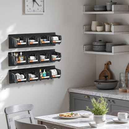 Wall Mounted Storage Bins, 12 Plastic Bins & 3 Metal Rails, Plastic Hanging Stackable Storage Bin for Screws, Nuts, Bolts, Nails, Hardware Tool Organizer for Workshop, Craft Room, Garage, Black