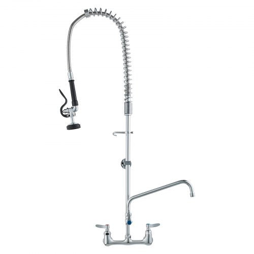 Commercial Faucet with Pre-Rinse Sprayer, 44" Height, 8" Center, 12" Swing Spout, Wall Mount Kitchen Sink Faucet, Brass Constructed Device with Pull Down Spray, for 1/2/3 Compartment Sink