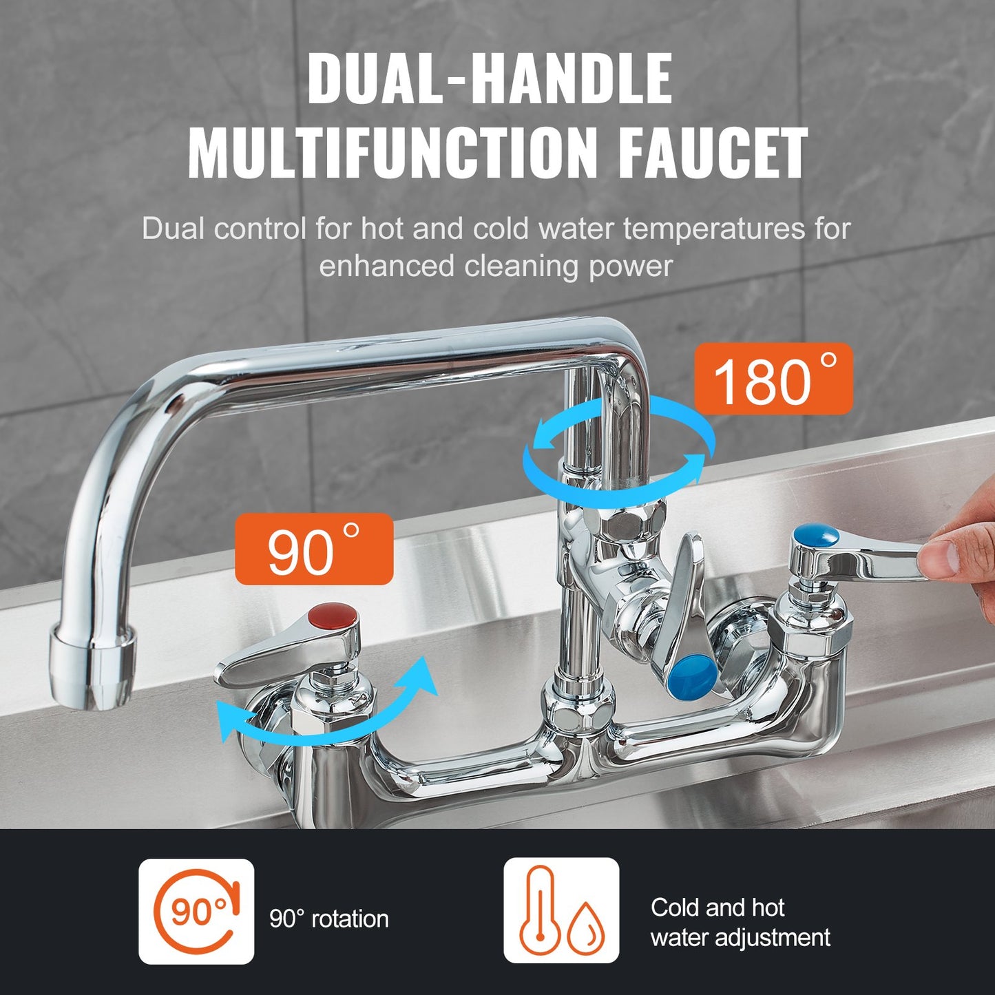 Commercial Faucet with Pre-Rinse Sprayer, 44" Height, 8" Center, 12" Swing Spout, Wall Mount Kitchen Sink Faucet, Brass Constructed Device with Pull Down Spray, for 1/2/3 Compartment Sink