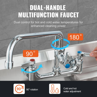 Commercial Faucet with Pre-Rinse Sprayer, 44" Height, 8" Center, 12" Swing Spout, Wall Mount Kitchen Sink Faucet, Brass Constructed Device with Pull Down Spray, for 1/2/3 Compartment Sink