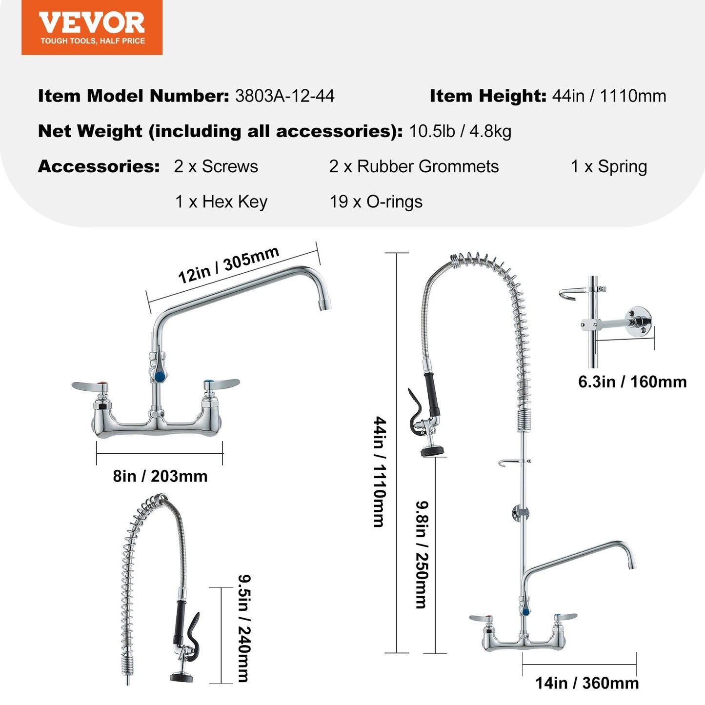 Commercial Faucet with Pre-Rinse Sprayer, 44" Height, 8" Center, 12" Swing Spout, Wall Mount Kitchen Sink Faucet, Brass Constructed Device with Pull Down Spray, for 1/2/3 Compartment Sink