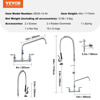Commercial Faucet with Pre-Rinse Sprayer, 44" Height, 8" Center, 12" Swing Spout, Wall Mount Kitchen Sink Faucet, Brass Constructed Device with Pull Down Spray, for 1/2/3 Compartment Sink