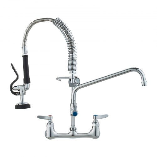 Commercial Faucet with Pre-Rinse Sprayer, 21" Height, 8" Center, 12" Swing Spout, Wall Mount Kitchen Sink Faucet, Brass Constructed Device with Pull Down Spray, for 1/2/3 Compartment Sink