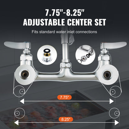 Kommersiell kran med förspolningsmunstycke, 51 cm höjd, 20 cm mittavstånd, 30 cm svängbar pip, väggmonterad köksblandare, mässingskonstruktion med neddragbar dusch, för 1/2/3-facks diskho