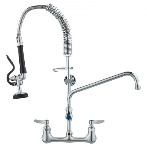 Commercial Faucet with Pre-Rinse Sprayer, 25" (63.5 cm) Height, 8" (20.3 cm) Center, 12" (30.5 cm) Swing Spout, Wall Mount Kitchen Sink Faucet, Brass Constructed Device with Pull Down Spray, for 1/2/3 Compartment Sink